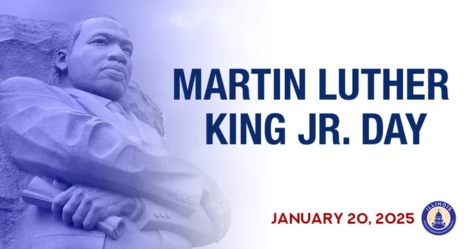 A statue of Martin Luther King Jr. next to text that says Martin Luther King Jr. Day, January 20, 2025.