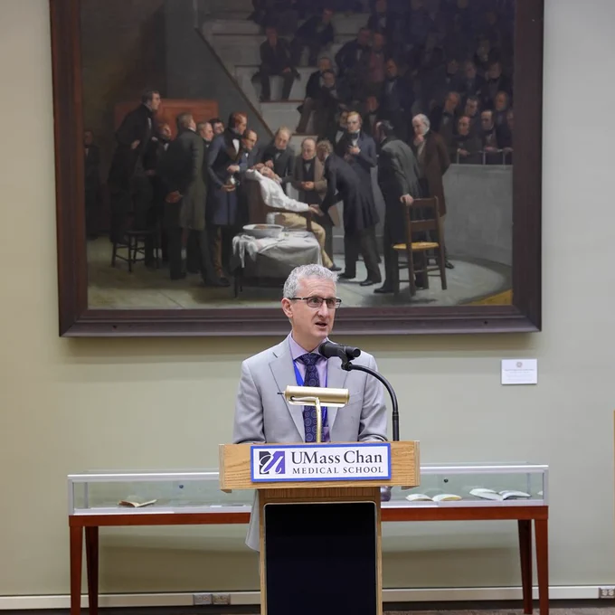 Matthias Walz, MD, speaking at the opening reception for the First Operation Under Ether
