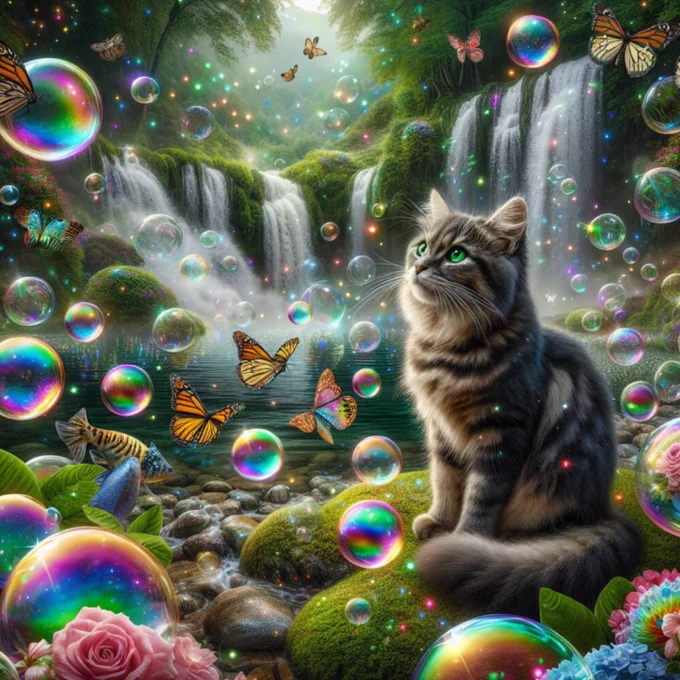 A mystical animation created by Copilot of a cat looking off into the distance, sat next to a waterfall with moss, trees, bubbles, butterflies and sparkles. 