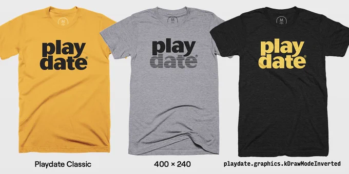 Three Playdate shirts: Playdate Classic with a black logo on yellow, "400 × 240" with a black, pinstriped logo on gray, and "Playdate.graphics.kDrawModeInverted" with a yellow logo on black.