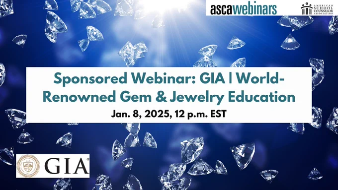 "Sponsored Webinar: GIA | World-Renowned Gem & Jewelry Education Jan. 8, 2025, 12 p.m. EST" on a deep blue background with floating diamonds.