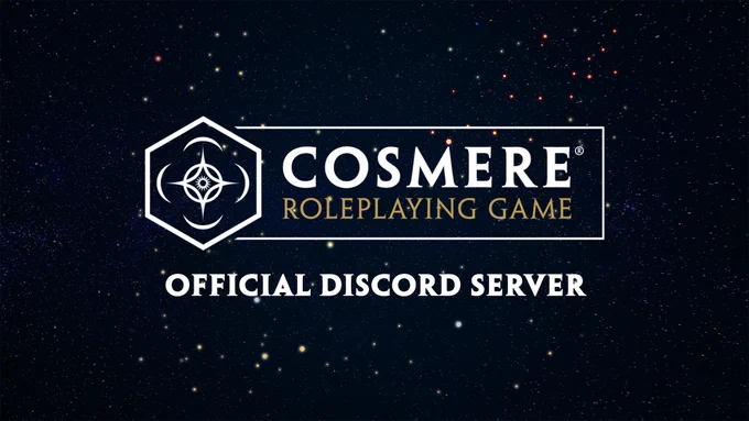 Cosmere Roleplaying Game logo featuring the Cosmere symbol in a hexagon. "Official Discord Server" subtext. The background is the star map of the Cosmere