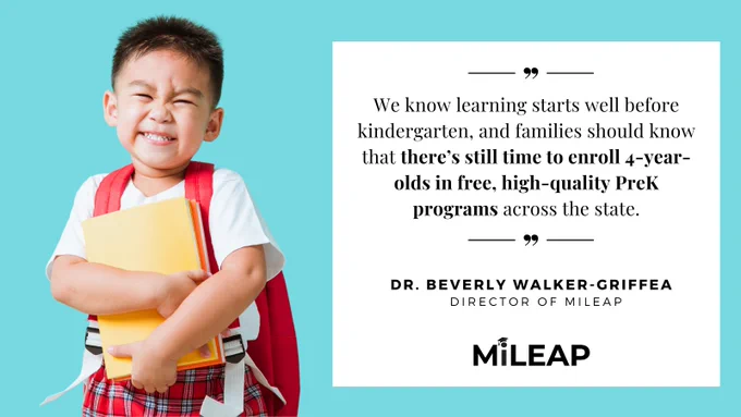 Child holding books and smiling, standing against a turquoise background next to a quote about early learning from Dr. Beverly Walker-Griffea, Director of MiLEAP.