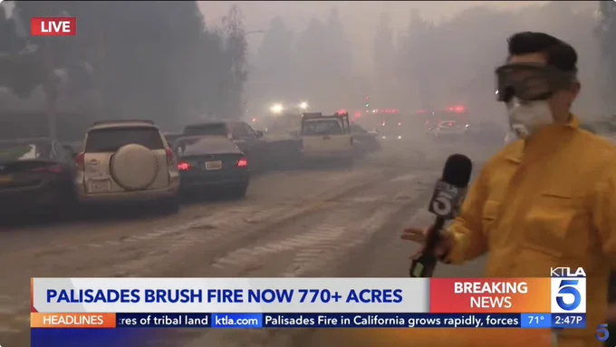 Snapshot from KTLA live footage of abandoned vehicles on Sunset Boulevard.
