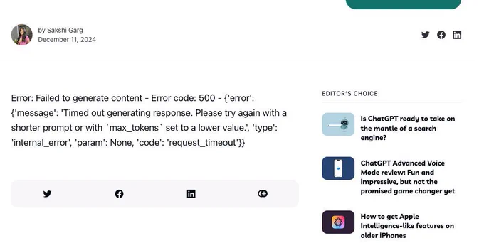 screenshot of a website using AI to write an article on demand using the title as part of the prompt.