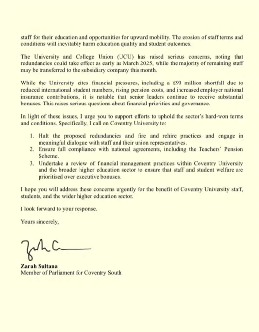 Letter to Professor John Latham of Coventry University opposing proposed redundancies and fire and rehire practices.