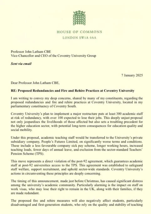 Letter to Professor John Latham of Coventry University opposing proposed redundancies and fire and rehire practices.