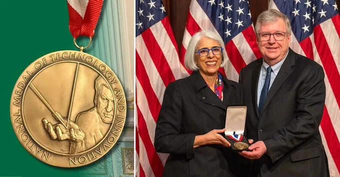 Professor Eric R Fossum receives the National Medal of Technology and Innovation at the The White House from Arati Prabhakar, policy director of the Office of Science and Technology and the assistant to the president for science and technology. 