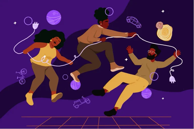 Two Black women and a Black man floating in space with planets and other circular objects. The background is purple and their clothing is in yellow and brown.