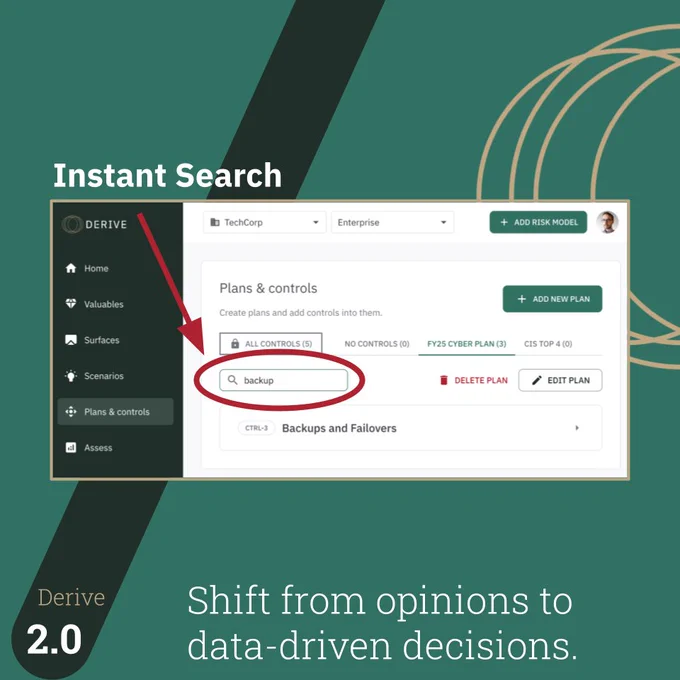 Screenshot of the Derive 2.0 interface showcasing the Instant Search feature in the 'Plans & Controls' section. A search for 'backup' is highlighted, displaying results like 'Backups and Failovers' with options to delete or edit plans. The caption reads 'Shift from opinions to data-driven decisions,' emphasizing streamlined data management and actionable insights