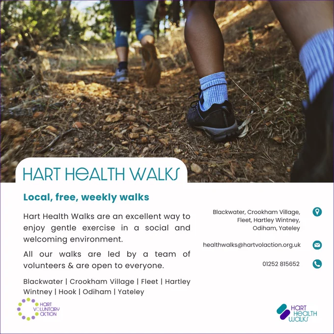 Image of people's legs & feet walking a wooded path in the sunshine. The accompanying text reads: Hart Health Walks, Local, free weekly walks. Hart Health Walks are an excellent way to enjoy gentle exercise in a social and welcoming environment. All our walks are led by a team of volunteers & are open to everyone. Locations: Blackwater, Crookham Village, Fleet, Hartley Wintney, Hook, Odiham, Yateley. Email: healthwalks@hartvolaction.org.uk, phone: 01252 815652

#harthealthwalks