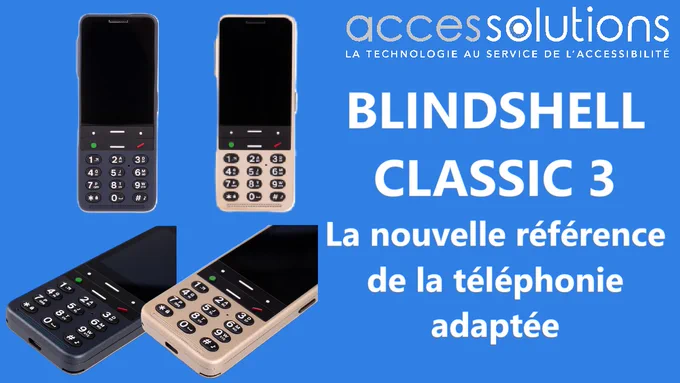 BlindShell Classic 3, la nouvelle référence de la téléphonie adaptée. l'image présente de face le blindshell classic 3 dans ses 2 coloris, bleu nuit et champagne.