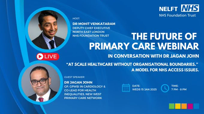 Images of Dr Mohit Venkataram and Dr Jagan John with information about the Future of Primary Care webinar being held on Weds 15 Jan 2025 at 7pm on Zoom.