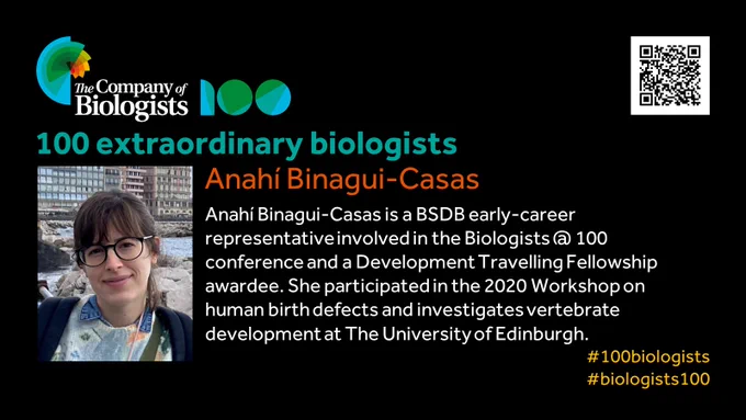 The Company of Biologists 100 logo to the left and QR code to the right.
 
Portrait of Binagui-Casas to the left, text to the right
 
100 extraordinary biologists

Anahí Binagui-Casas

Anahí Binagui-Casas is a BSDB early-career representative involved in the Biologists @ 100 conference and a Development Travelling Fellowship awardee. She participated in the 2020 Workshop on human birth defects and investigates vertebrate development at The University of Edinburgh.

#100biologists #biologists100
