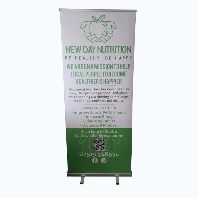 Roller banner with New Day Nutrition branding and details.  