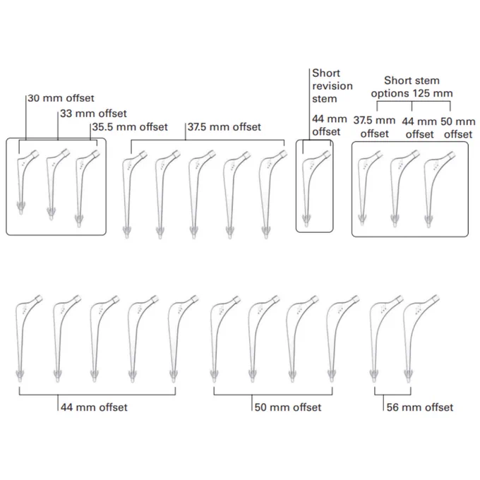 Image depicts exeter stem sizes and offset. Small, short revision, and short stem groups are highlighted.