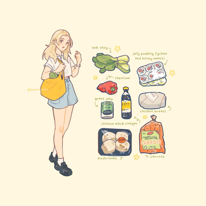 a digital illustration. a blonde girl carries a shopping bag. next to her, a graphic of the groceries (presumably) within the bag: bok choy, lychee & honeydew melon pudding, capsicum, grass jelly, chinese black vinegar, chicken breast, mushrooms, and carrots.