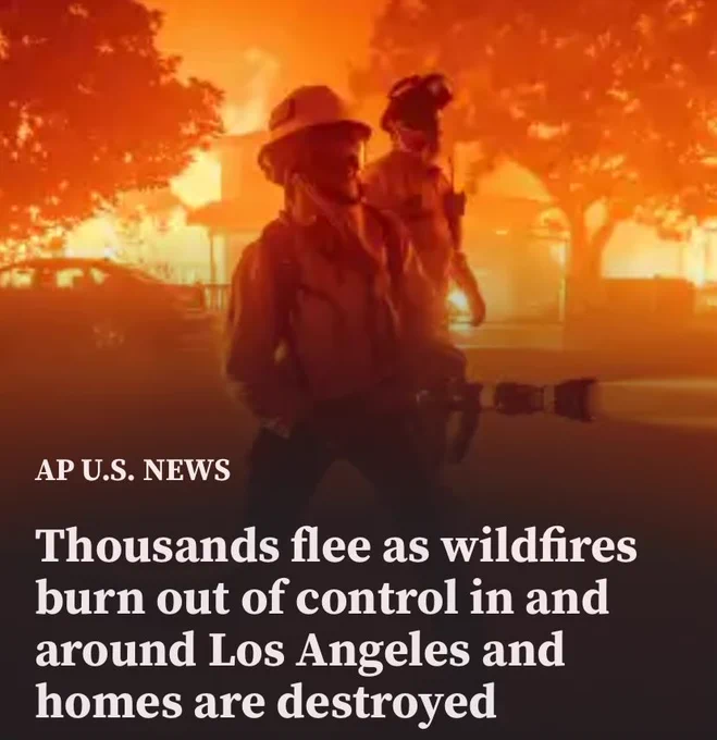 Via ktla.com : Firefighters battle the Palisades Fire as it burns multiple structures in the Pacific Palisades neighborhood of Los Angeles, Tuesday, Jan. 7, 2025. (AP Photo/Ethan Swope)
by: JAIMIE DING, CHRISTOPHER WEBER and JULIE WATSON, Associated Press
Posted: Jan 8, 2025 / 06:09 AM PST
Updated: Jan 8, 2025 / 06:12 AM PST