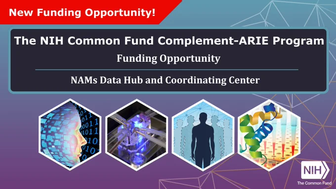 Text reads: “New Funding Opportunity! The NIH Common Fund Complement-ARIE Program Funding Opportunity. NAMs Data Hub and Coordinating Center.” Four linear images are shown representing artificial intelligence, in vitro, in silico, and in chemico technology. 