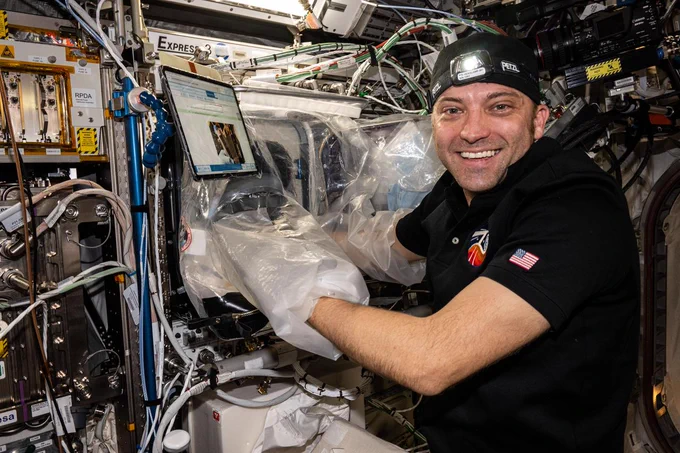 iss071e006125 (April 9, 2024) --- NASA astronaut Matthew Dominick, wearing a black short-sleeved polo shirt and a headlamp, smiles at the camera. His arms are in the plastic sleeves of a portable glovebag the size of a large suitcase. 