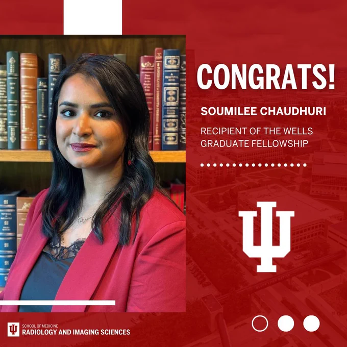 Graphic featuring a photo of Soumilee Chaudhuri wearing a red blazer and text that reads: Congrats! Soumilee Chaudhuri, Recipient of the Wells Graduate Fellowship.