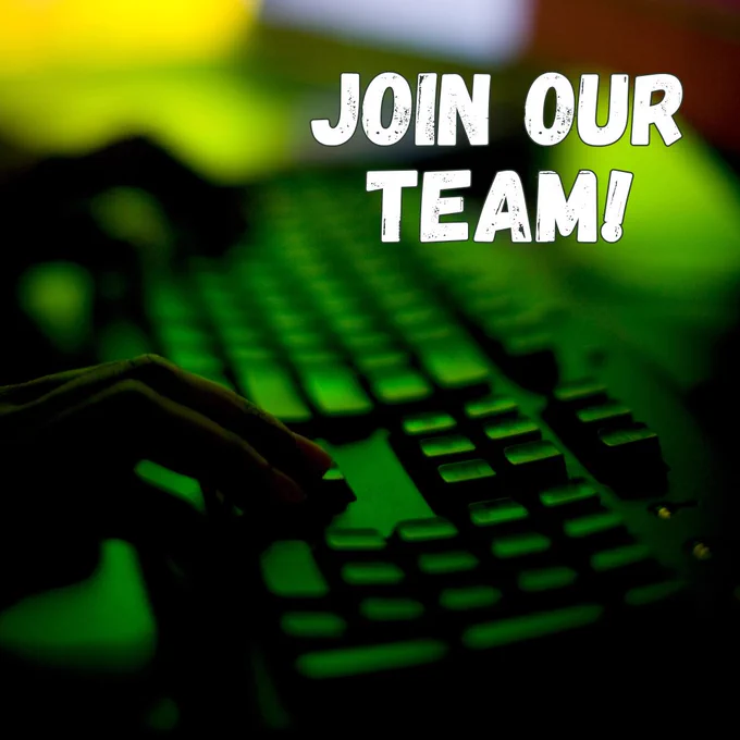 Hands on a keyboard with green lighting over the picture. The words Join Our Team are in the top right corner in bold white copy.