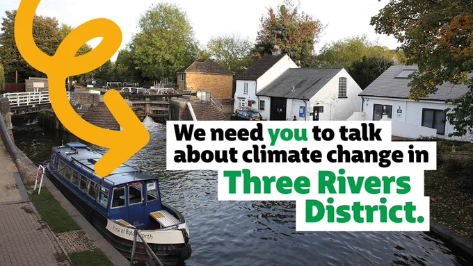 An image of a canal and canal boat with text over the top that reads 'We need you to talk about climate chance in Three Rivers District'.