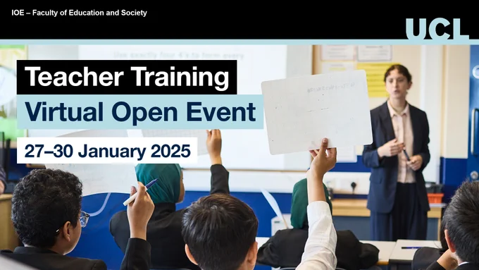 Text says Teacher Training Virtual Open Event, 27–30 January 2025. The background is a photo of students raising their whiteboards for their teacher.