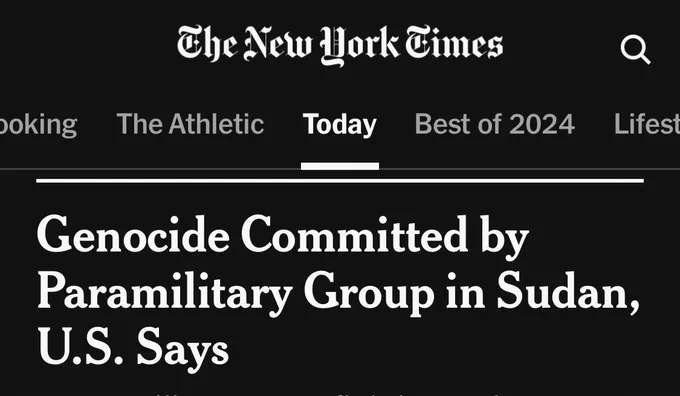 The New York Times Article:

“Genocide Committed by Paramilitary Group in Sudan,
U.S. Says”