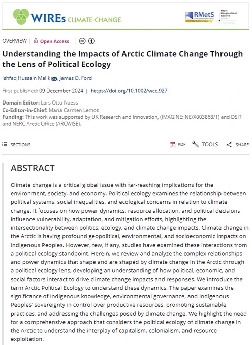 Title and abstract for 'Understanding the Impacts of Arctic Climate Change Through the Lens of Political Ecology' by Ishfaq Hussain Malik and James D. Ford in WIREs Climate Change. 