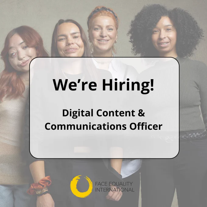 Faded photo background of the FEI team with a text box overlaid. Inside is bold black text, "﻿We’re Hiring! ﻿Digital Content & Communications Officer." ﻿Below is the FEI yellow, circular brushstroke logo.