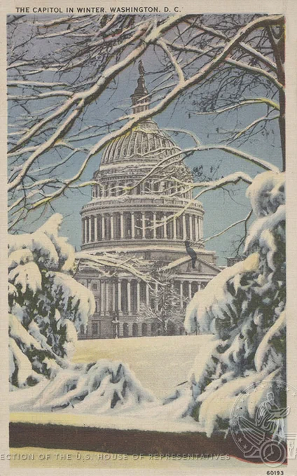 Postcard of a snowy scene with the Capitol in the background.