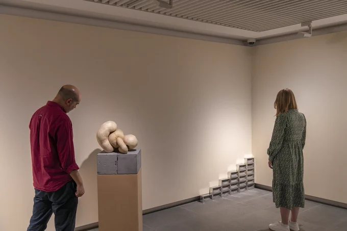 Two individuals viewing an abstract sculpture in an art gallery.