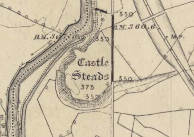 Detail from OS Lancashire sheets 87 and 88, surveyed 1844-47 and published in 1850/51, via National Library of Scotland. For more detail on the site, see: https://lancashirepast.com/2021/01/09/castlesteads-iron-age-fort-bury/