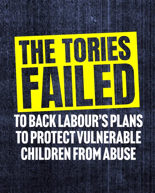 A graphic with a dark blue, grainy background. Text reads: "The Tories failed to back Labour's plans to protect vulnerable children from abuse"
