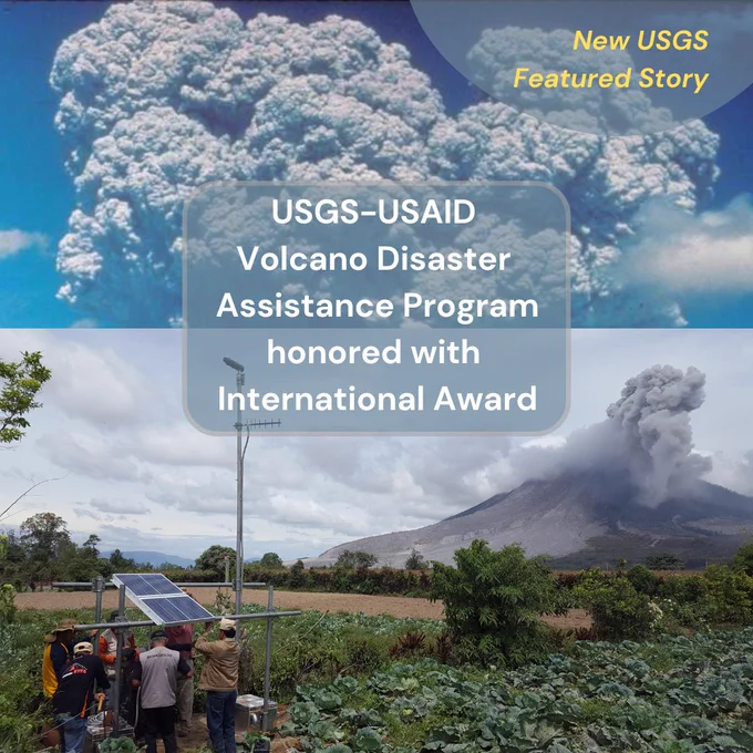 Image shows scientists installing monitoring equipment. A volcano erupts in the background.