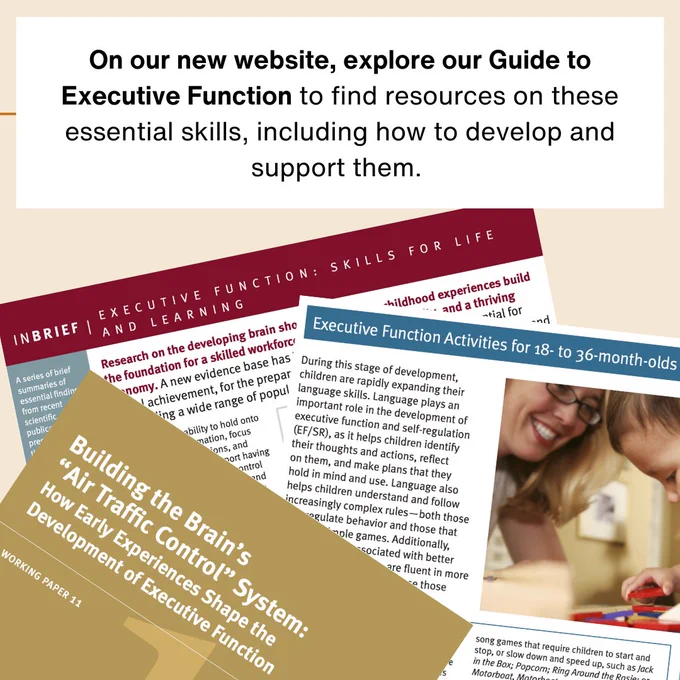 Screen grabs of resources in the Guide to Executive Function: Working Paper, InBrief, and Activity Guide for Children 18-36 months Old.

Text reads: On our new website, explore our Guide to Executive Function to find resources on these essential skills, including how to develop and support them. 
