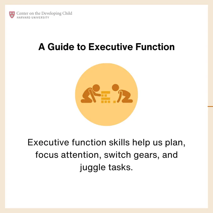 Icon of two children playing with blocks.

Text reads: A Guide to Executive Function. Executive function skills help us plan, focus attention, switch gears, and juggle tasks.