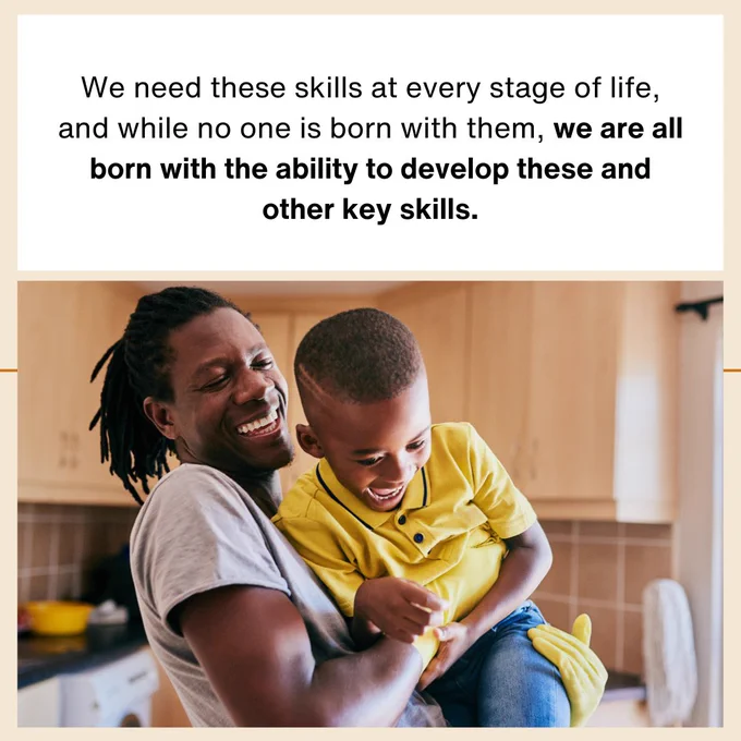 Image of caregiver playing with child in kitchen.

Text reads: We need these skills at every stage of life, and while no one is born with them, we are all born with the ability to develop these and other key skills.