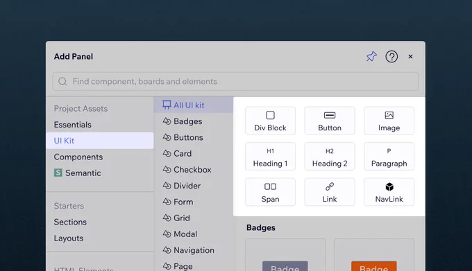 A screenshot of the new layout of the Codux Add Panel, showing project content and essentials being displayed first.