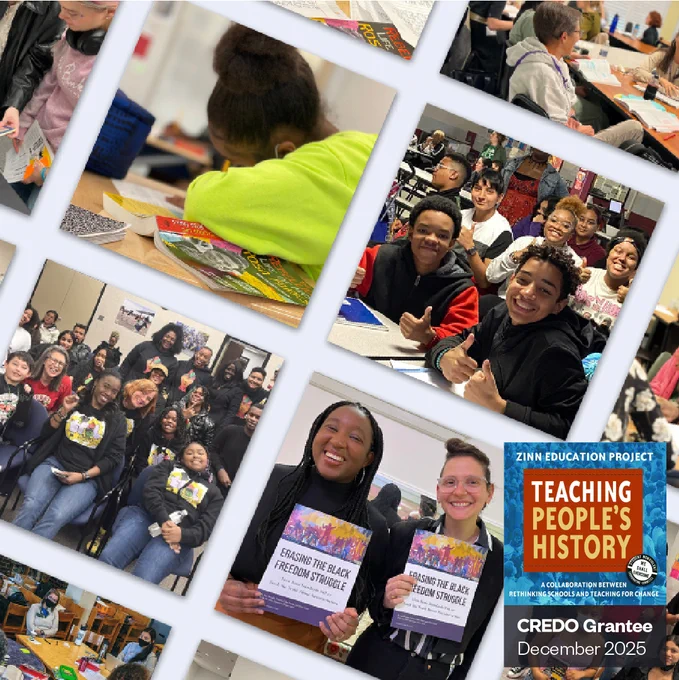 Collage of images of kids in schools.  Children reading, giving a thumbs up in a classroom. Teachers holding books about people's history. 