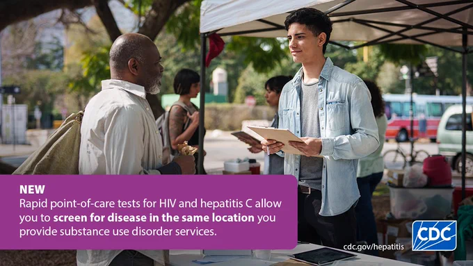 Two men stand at a syringe services program tent while talking to each other. Text reads: "NEW: Rapid point-of-care tests for HIV and hepatitis C allow you to screen for disease in the same location you provide substance use disorder services."