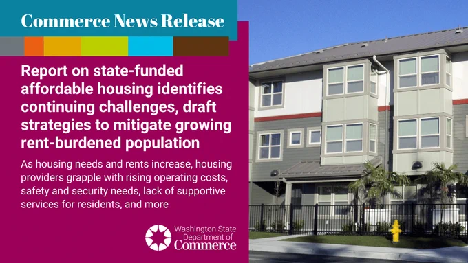 A news release graphic for the Washington State Department of Commerce. The left side includes a summary of a report on state-funded affordable housing, discussing challenges and strategies to assist those struggling with rent. A modern apartment building is displayed on the right.