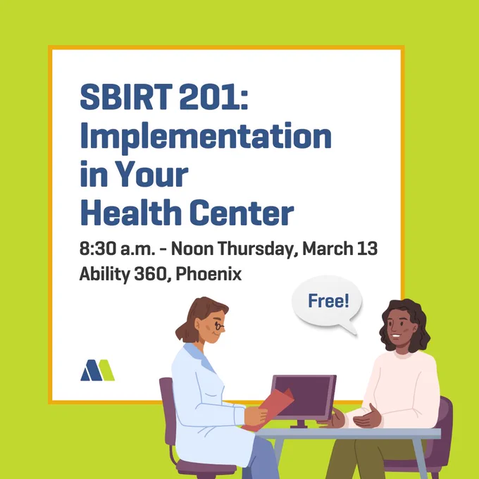 A graphic of a healthcare worker helping a patient with "SBIRT201: Implementation in Your Health Center" prominently displayed.