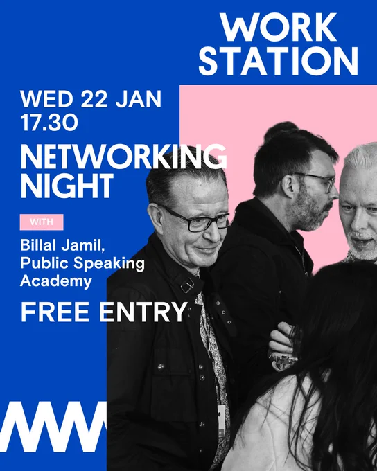 Promotional poster for a networking event at the Work Station on January 22, featuring speaker Bill Jamil. Event focuses on public speaking and offers free entry. The design includes stylized images of people conversing, set against a blue and pink background.