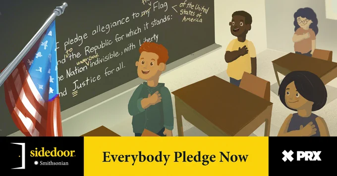 A close-up illustration of school aged children in a classroom reciting  the Pledge of Allegiance. The  Pledge is printed on the chalkboard with edits applied showing where there have been changes made over the years. An American Flag is hanging above the children off to the left of the illustration. 
