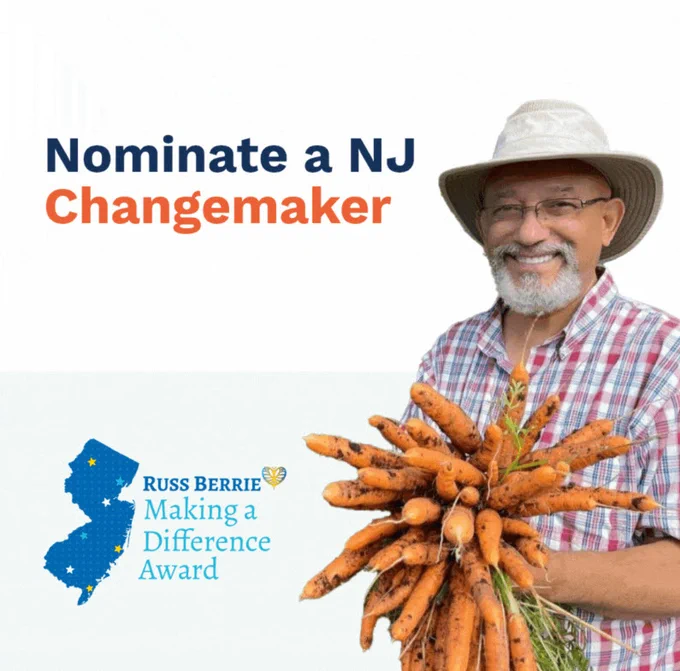 Image of a man with a hat and plaid shirt holding a bunch of carrots. Text reads: "Nominate a NJ Changemaker."