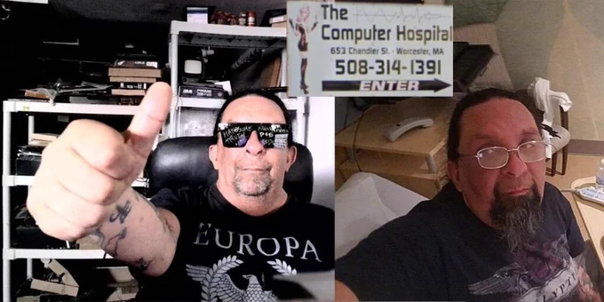 Two photos of Noel Dalton with a sign for The Computer Hospital photoshopped on top