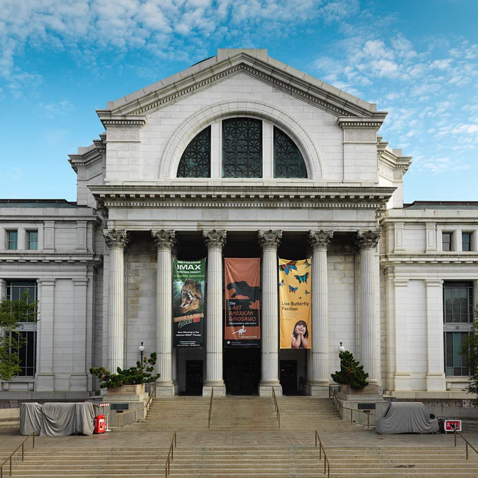 Exterior view of the National Museum of Natural History featuring a grand facade with large steps leading up to three entrance doors, bordered by promotional banners.