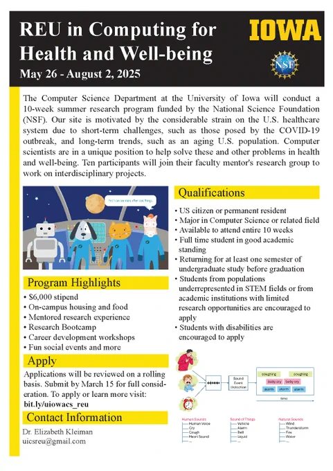 REU in Computing for
Health and Well-being
Program Highlights
• $6,000 stipend
• On-campus housing and food
• Mentored research experience
• Research Bootcamp
• Career development workshops
• Fun social events and more
The Computer Science Department at the University of Iowa will conduct a
10-week summer research program funded by the National Science Foundation
(NSF). Our site is motivated by the considerable strain on the U.S. healthcare
system due to short-term challenges, such as those posed by the COVID-19
outbreak, and long-term trends, such as an aging U.S. population. Computer
scientists are in a unique position to help solve these and other problems in health
and well-being. Ten participants will join their faculty mentor's research group to
work on interdisciplinary projects.